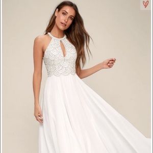 Lulus Principessa White Beaded Open Back Maxi NWT